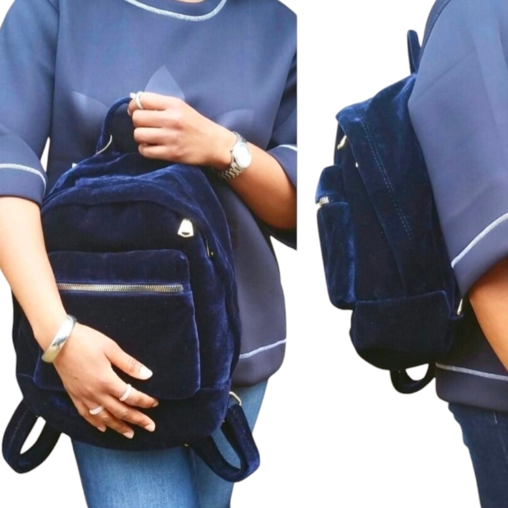 Aimee Kestenberg Woodside Velvet Backpack Blue Gold Zipper Rare